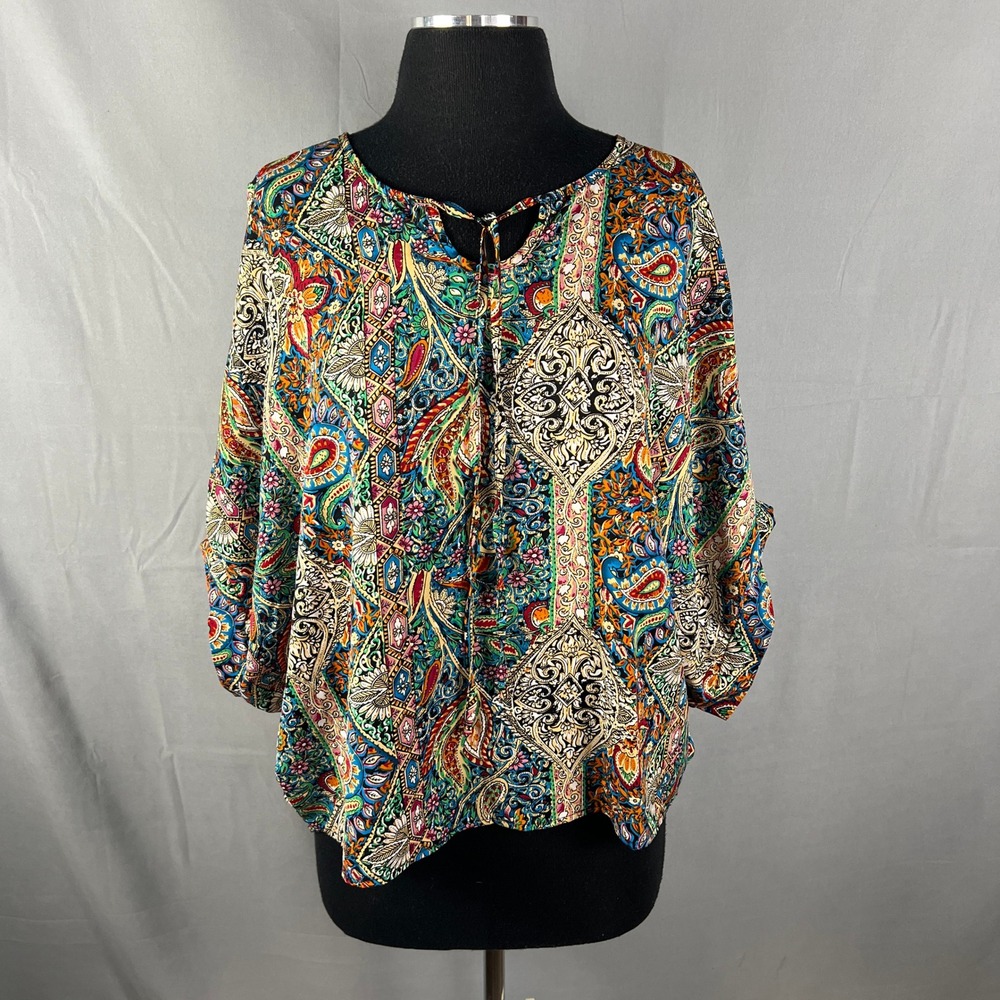 Emery Rose Blouse Top Womens 1XL Multicolor Paisley Stretch Bohemian Tie V Neck